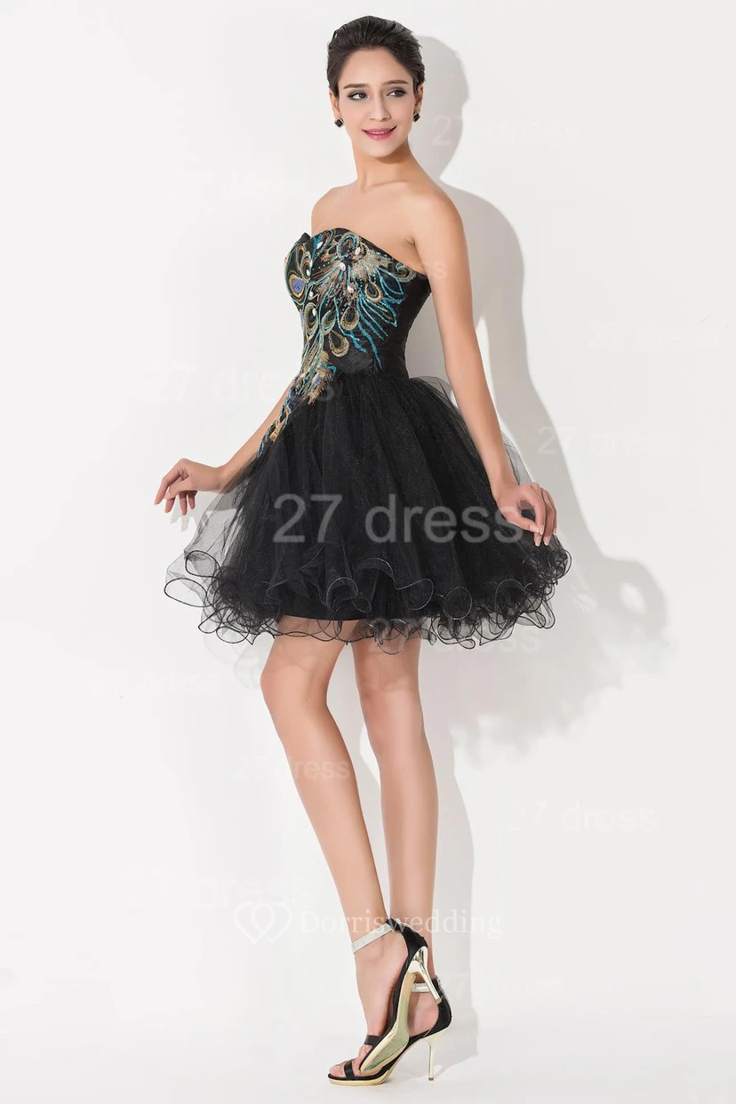 Sexy Black Sweetheart Short Tulle Homecoming Dress Peacock Design view 5