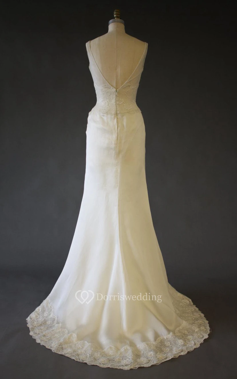 Sleeveless V-Neck A-Line Satin Dress With Lace Hemline view 3