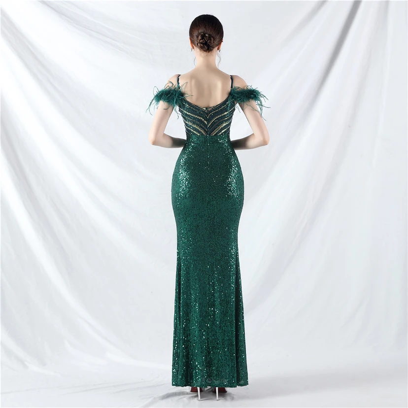 Elegantes Abendkleid mit Straußenfedern und Perlen, sexy, lang, mit Trägern und Schlitz view 55