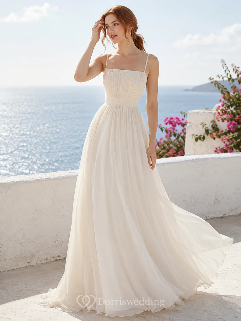 Spaghetti Strap Square Neck Chiffon Coastline Bridal Gown
