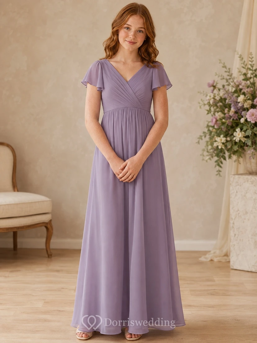 Lavendelfarbenes Brautjungfernkleid für junge Damen, A-Linie, V-Ausschnitt, kurze Ärmel, plissiert
