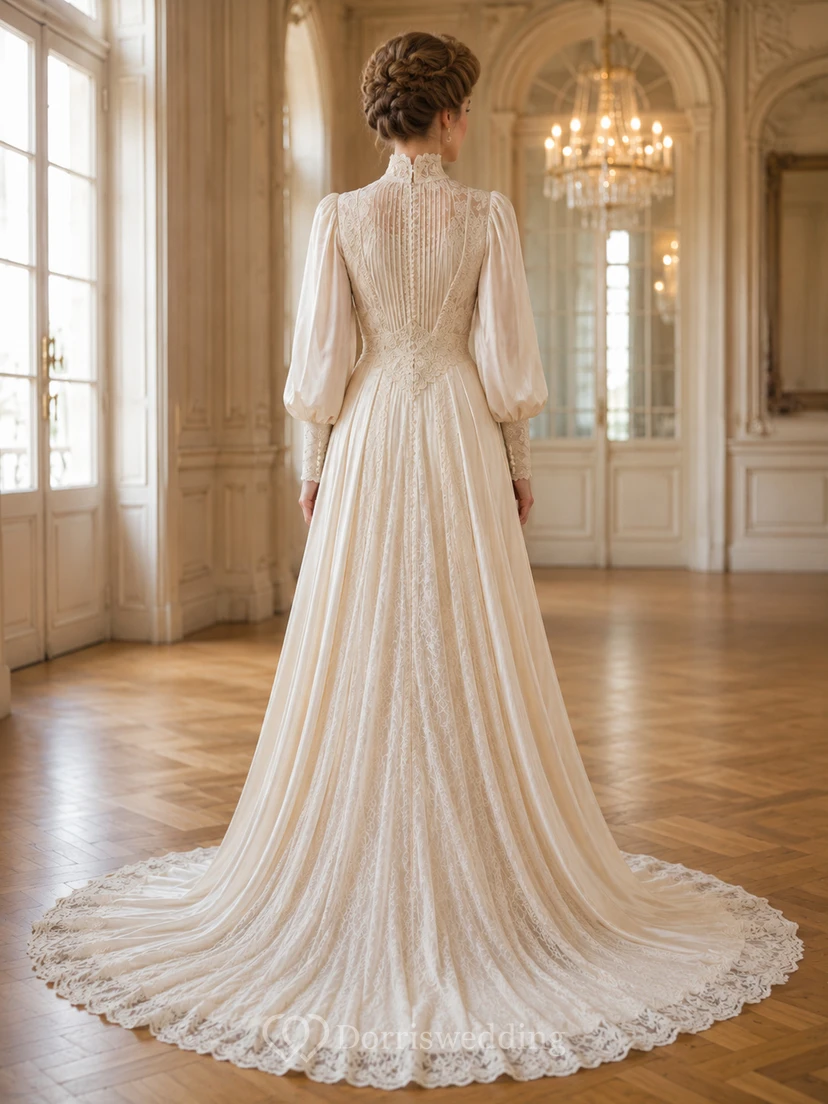 Robe de mariée édouardienne à col montant, manches bouffantes en dentelle, coupe trapèze et traîne chapelle view 2