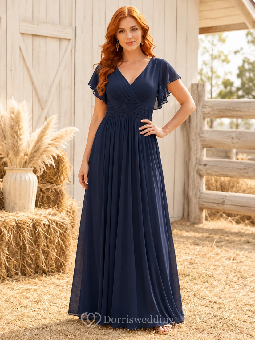 Rustic Barn Dark Navy V-Neck Chiffon A-Line Floor-Length Short Sleeve Dress
