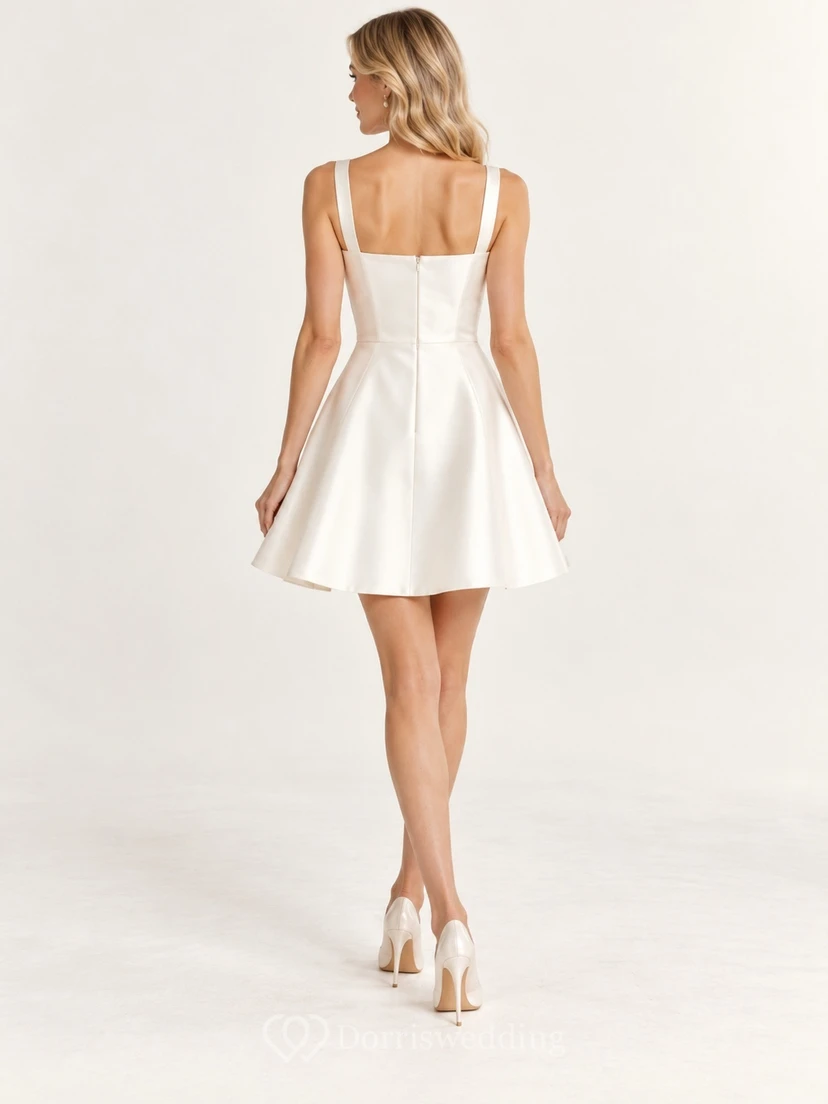 Simple Short Square Neck Satin Straps A-Line Wedding Dress view 2