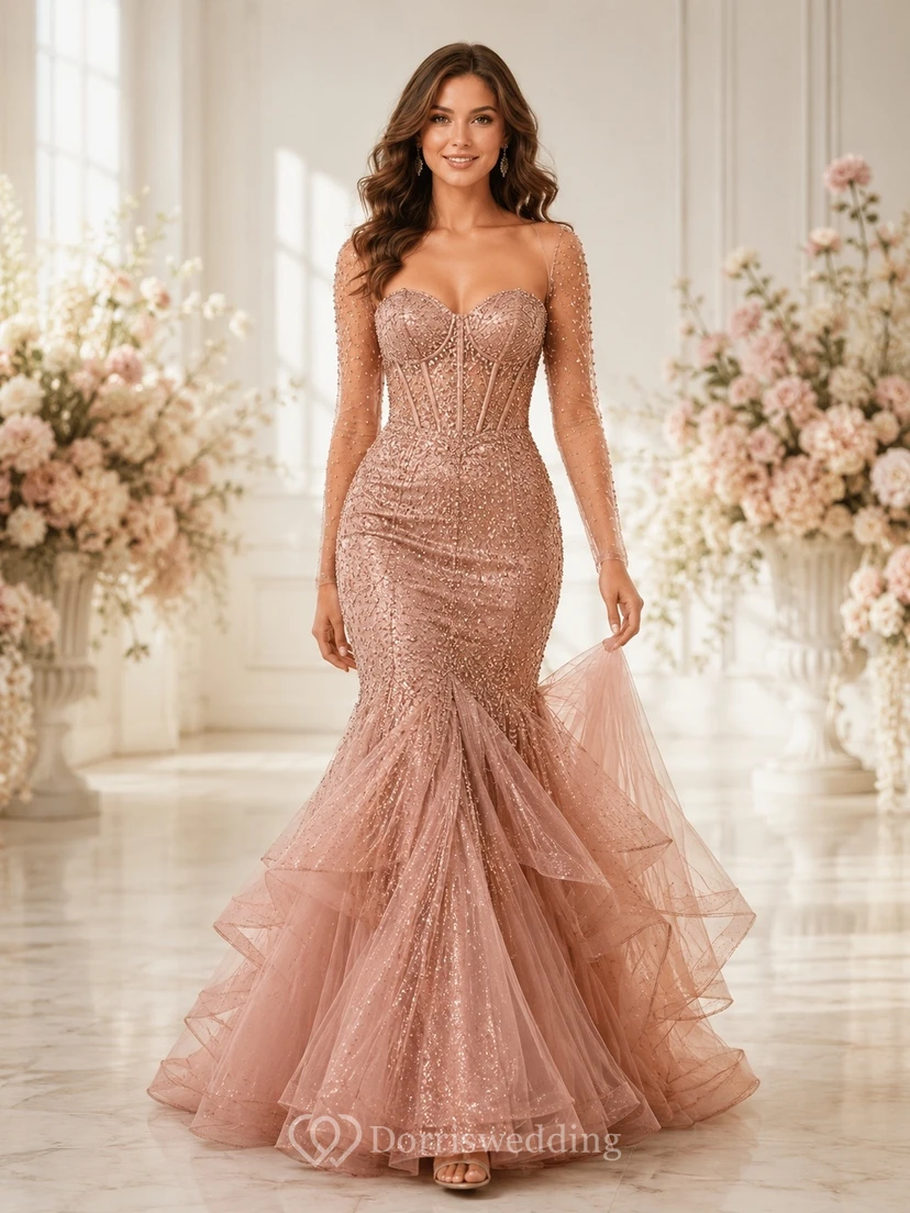 Champagne Tulle Sweetheart Sleeveless Mermaid Sweep-Train Tiered Ruffled Evening-Gown