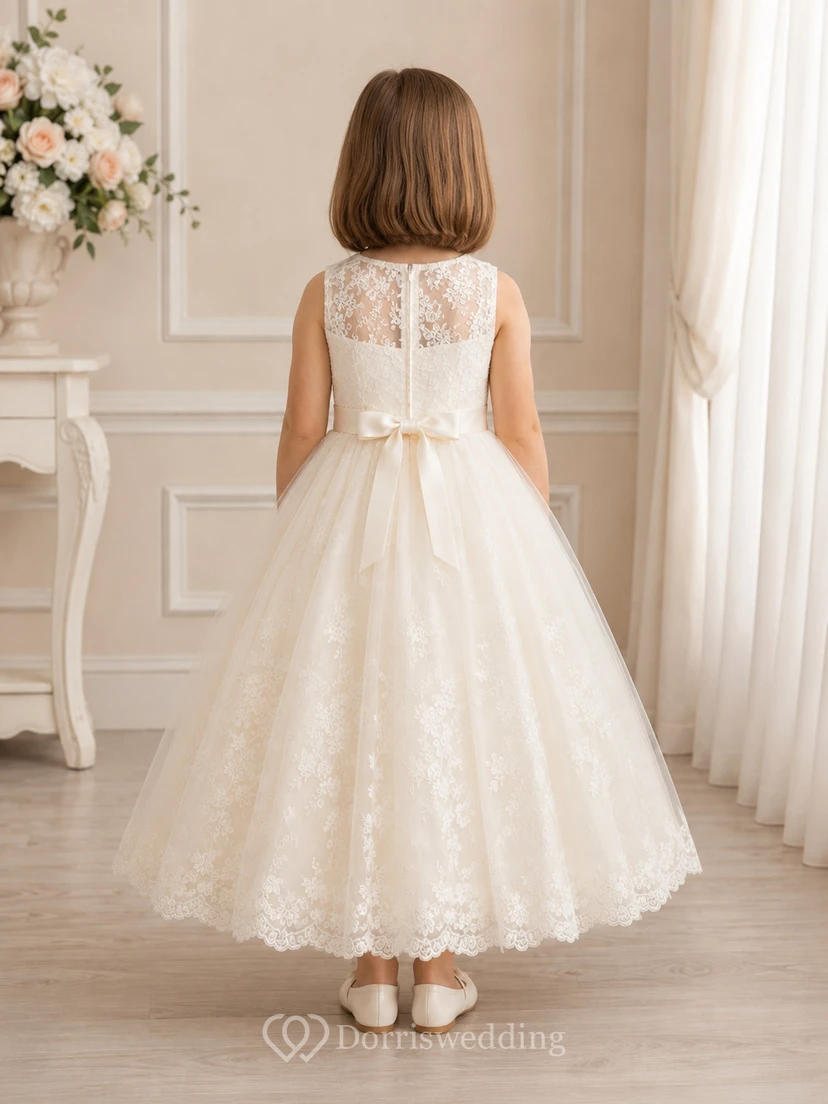 Flower Girl Dress Champagne Lace Tulle A-Line Jewel Neck Tea Length view 2