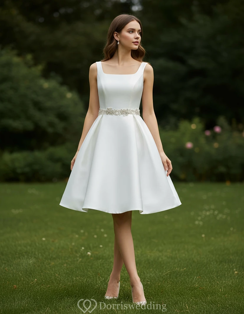 Robe de mariée mini en satin à col carré ornée de bijoux