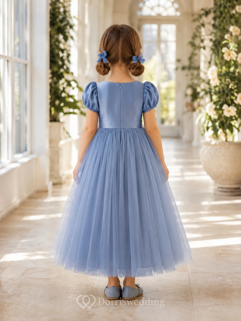 Blumenmädchenkleid, stahlblau, Tüll, A-Linie, Puffärmel, Rundhalsausschnitt, Teelänge view 2