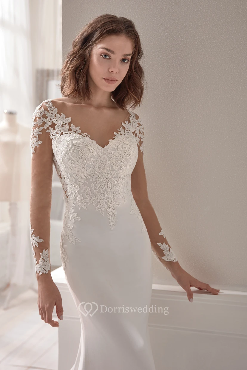 Charming V-neck Sheath Long Sleeve Wedding Dress With Illusion Back view 3