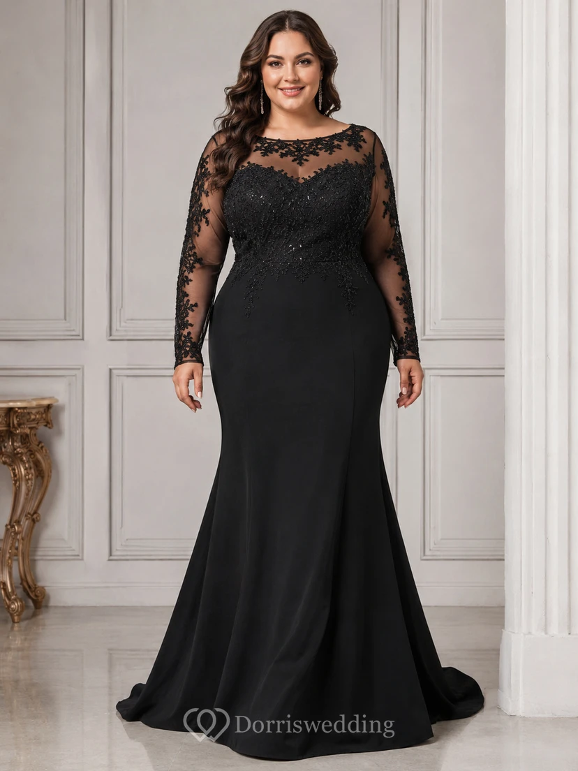 Robe de soirée grande taille sirène en dentelle, décolleté bateau, manches longues et perles de dentelle, longueur au sol
