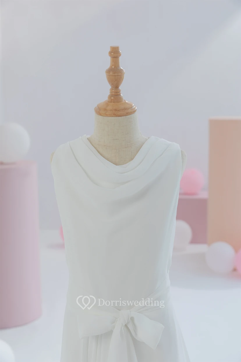 White First Communion Cowl-neck Sleeveless Floor-length Flowergirl Dress view 3