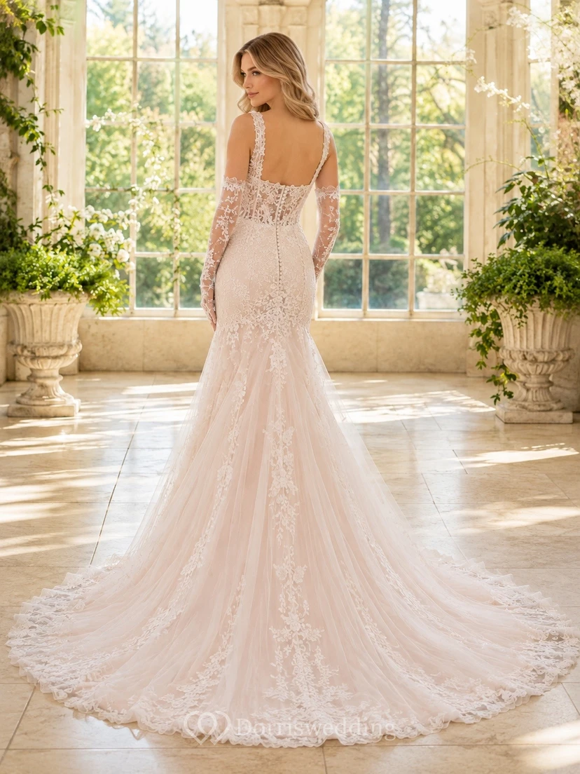 Vestido de novia clásico de encaje con cola larga y corte sirena view 2