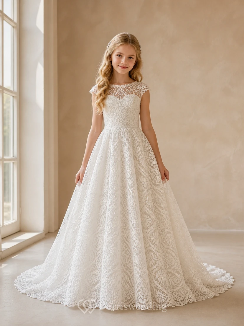 Princess A-Line Scoop Sleeveless Floral Lace Chapel Train Flowergirl Dress