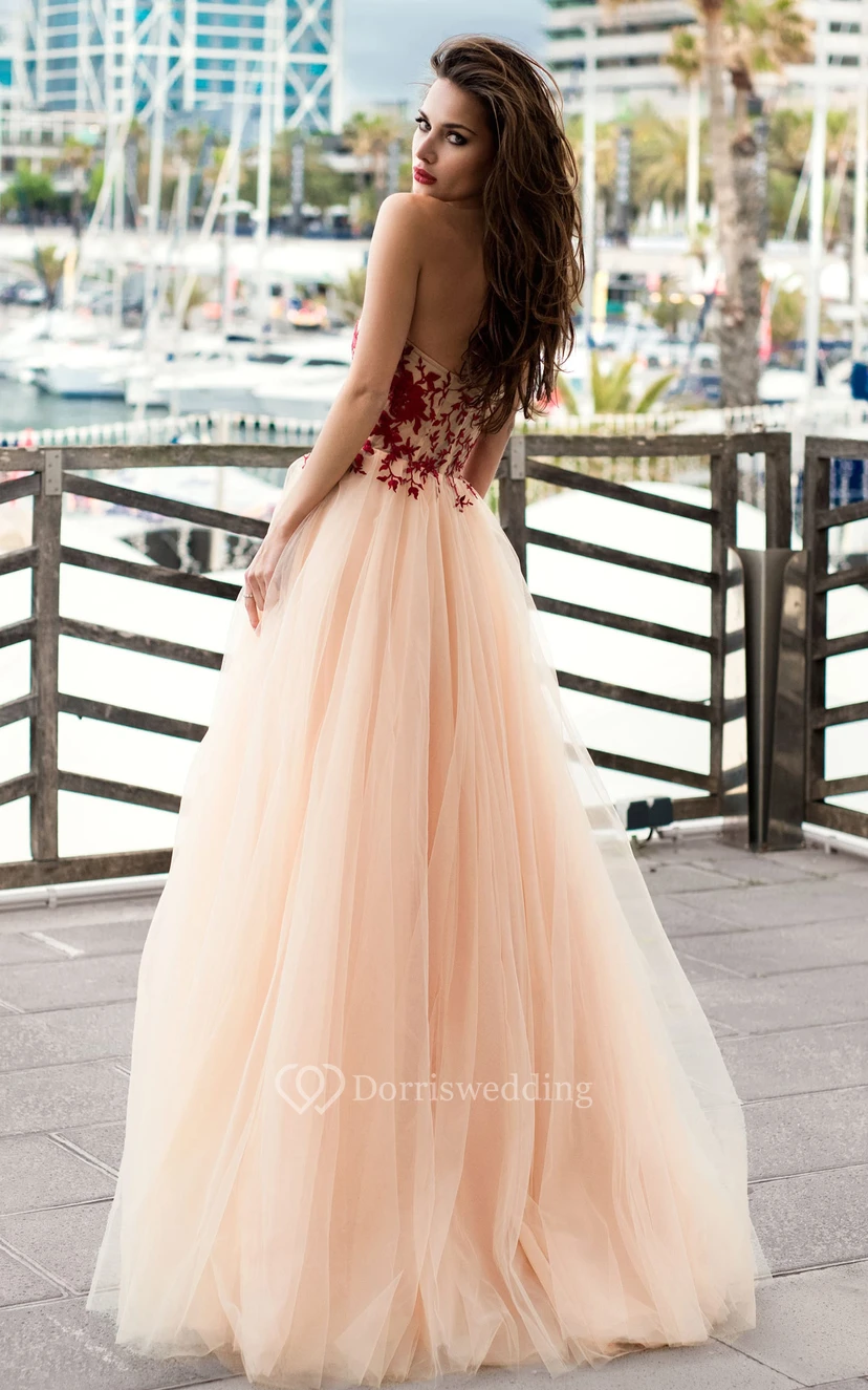 Ethereal Strapless Lace Tulle A Line Sleeveless Floor-length Prom Dress with Appliques view 2