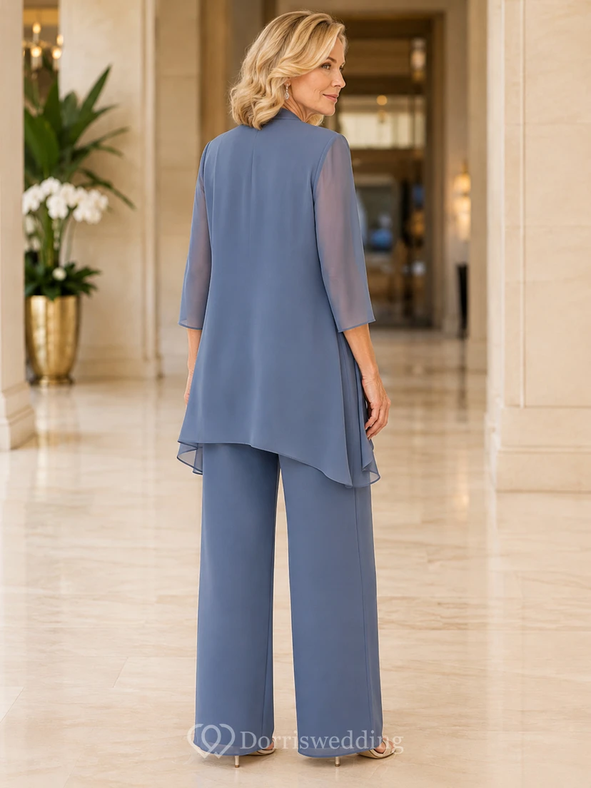 Steel Blue Mother Pantsuit with Asymmetric Chiffon Jacket, Scoop Top and Wide Leg Pants view 2