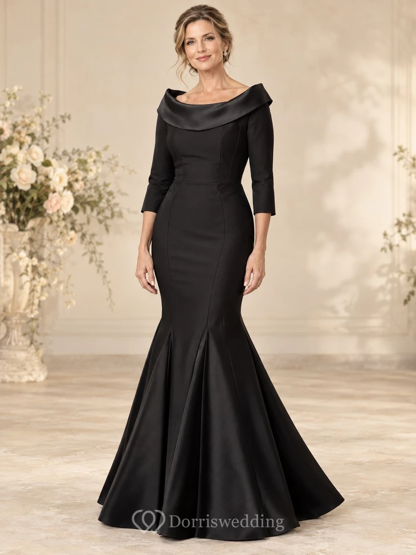 Vestido de noche formal negro estilo sirena, con escote Bardot, cuello tipo retrato curvo, mangas tres cuartos y largo hasta el suelo.