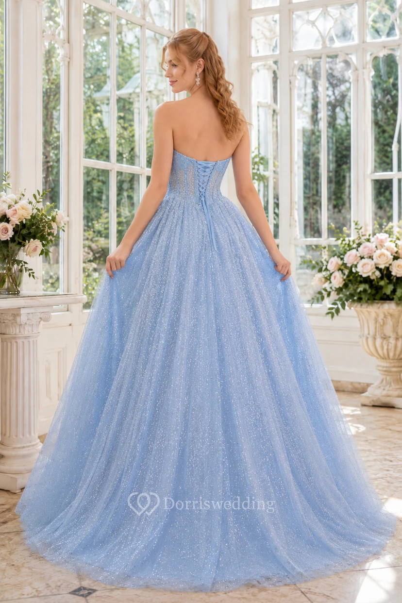 Sky Blue Glitter Tulle Ball Gown with Strapless Sweetheart Bodice view 2