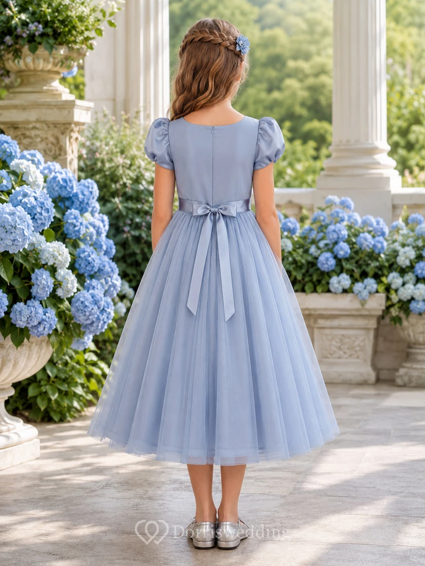 Blumenmädchenkleid, stahlblau, Chiffon, A-Linie, kurze Ärmel, eckiger Ausschnitt, Teelänge, Schleifendetail view 2