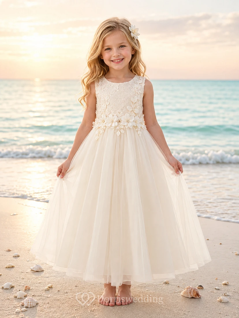 Blumenmädchenkleid aus elfenbeinfarbenem Chiffon und Tüll, A-Linie, Rundhalsausschnitt, Teelänge, mit Schärpendetails