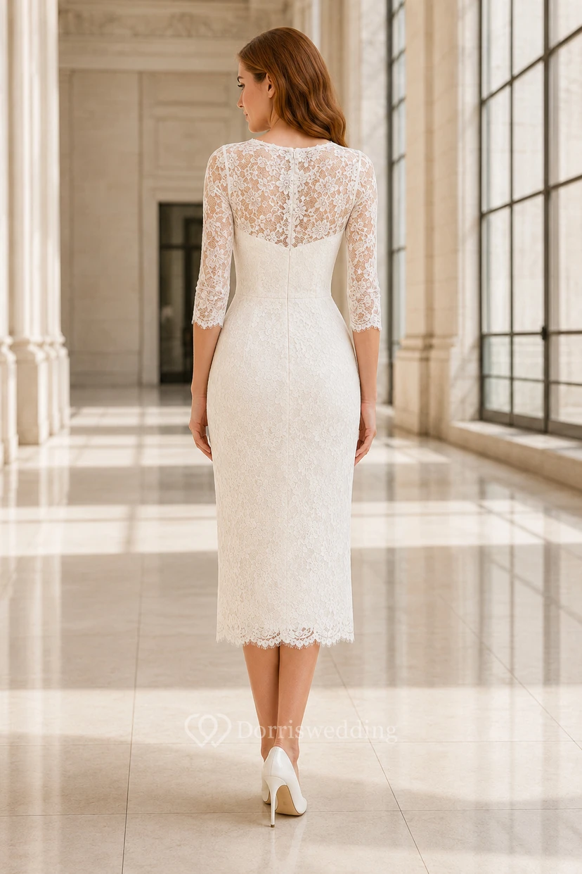 Robe de mariée fourreau en dentelle à manches longues et longueur thé, avec encolure illusion. view 2