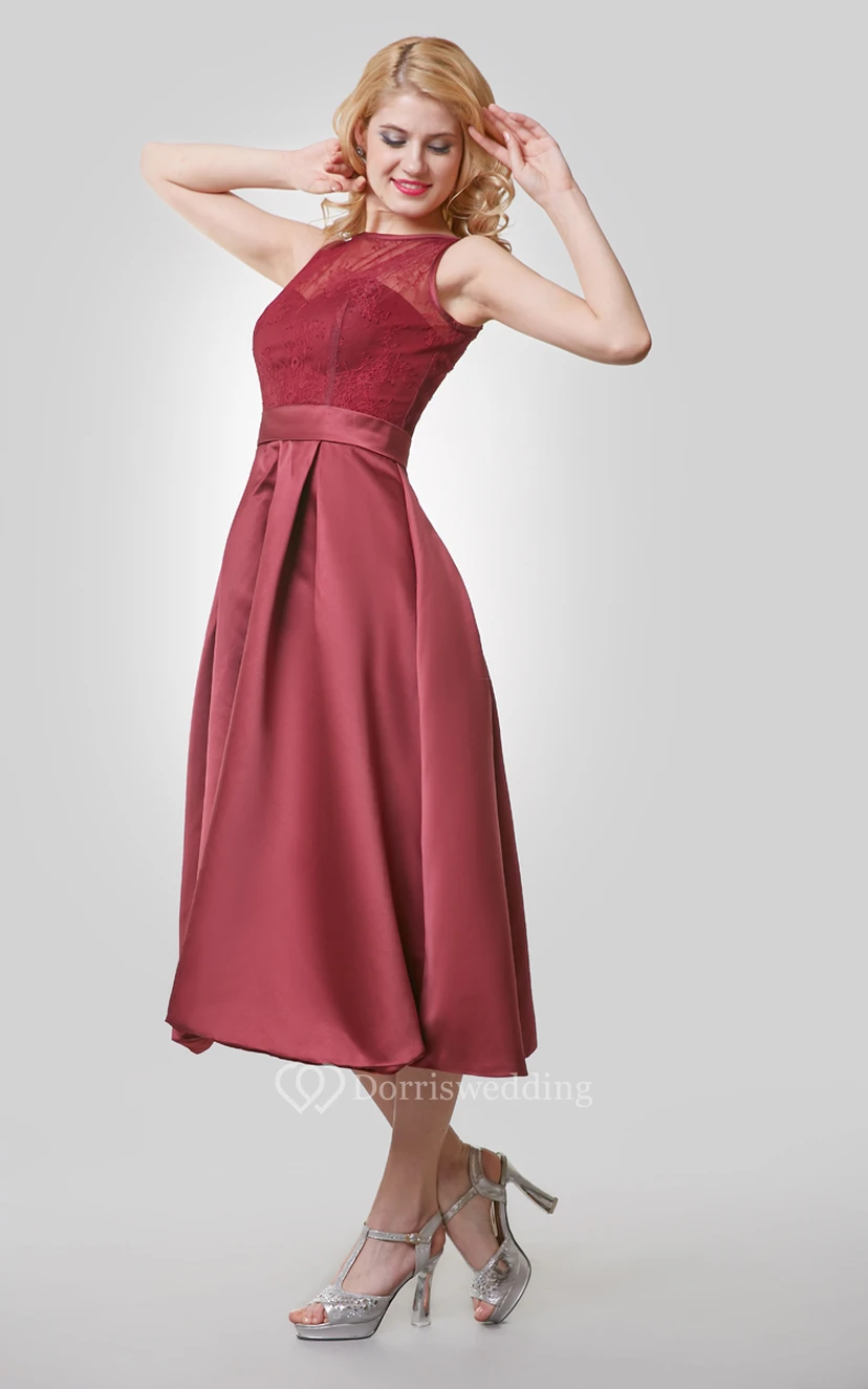 Tea Length A-Line Satin Dress With Lace Bodice and Scoop Neck view 2