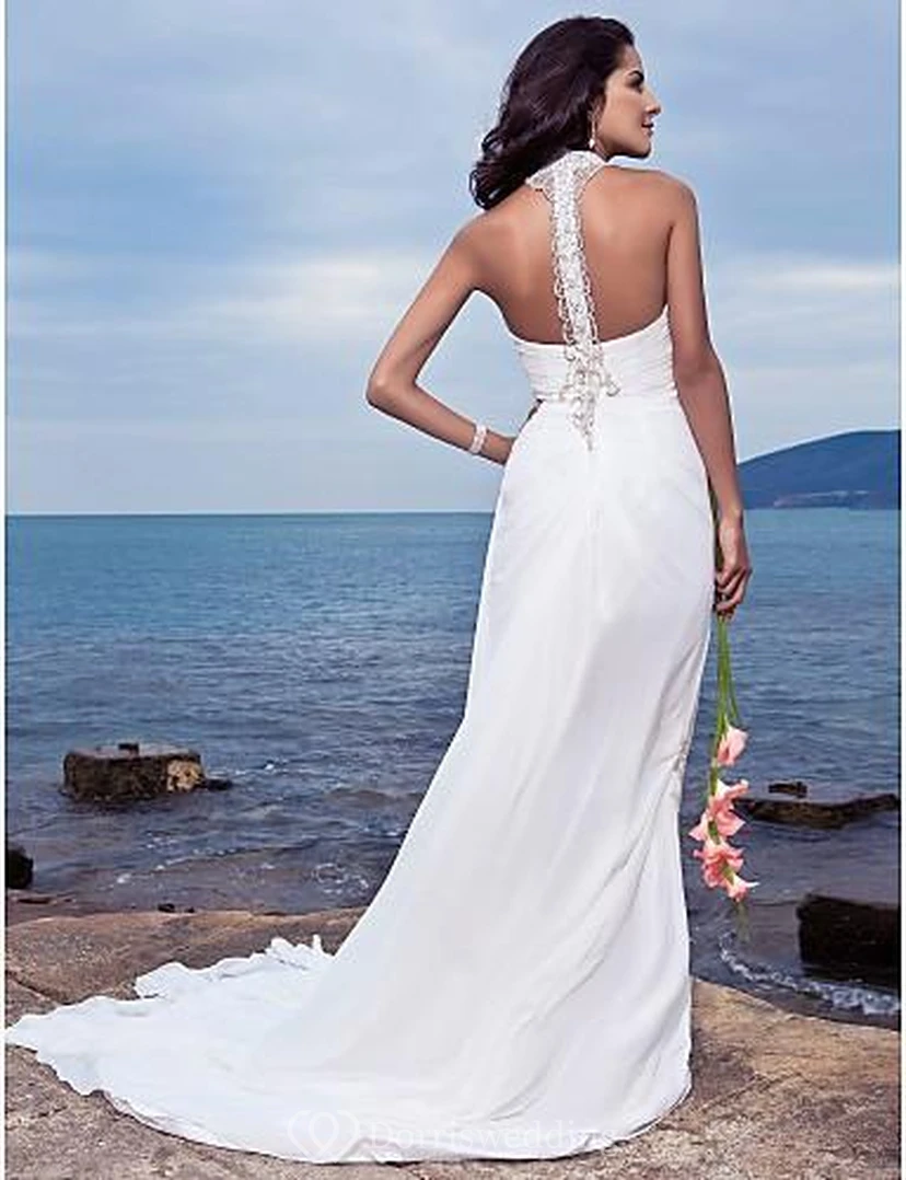 sheath Halter Court Train Chiffon Beach Wedding Dress view 8