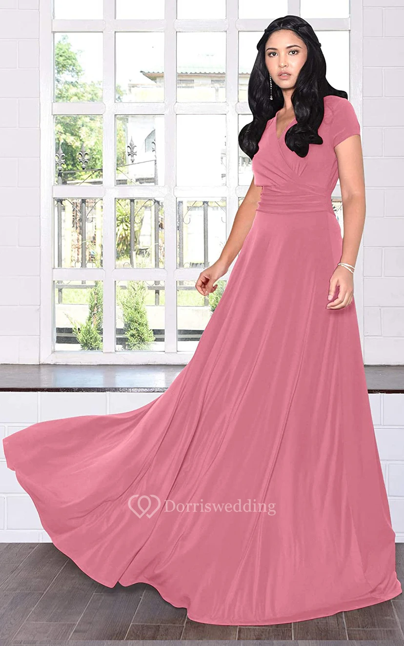 Modern Jersey V-neck Short Sleeve Mother Dress With Criss Cross and Pleats view 25