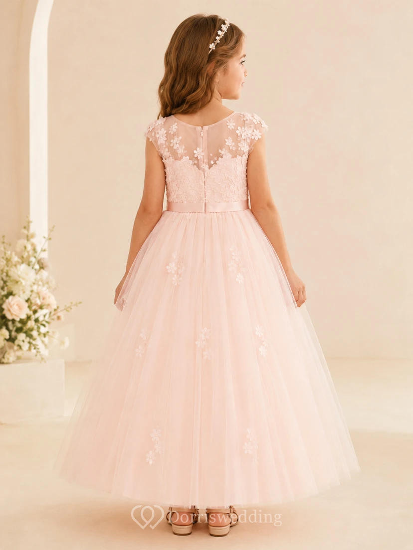 Blush Lace Bodice Tulle A-Line Flower Girl Dress with Jewel Neck and Tea-Length Skirt view 2