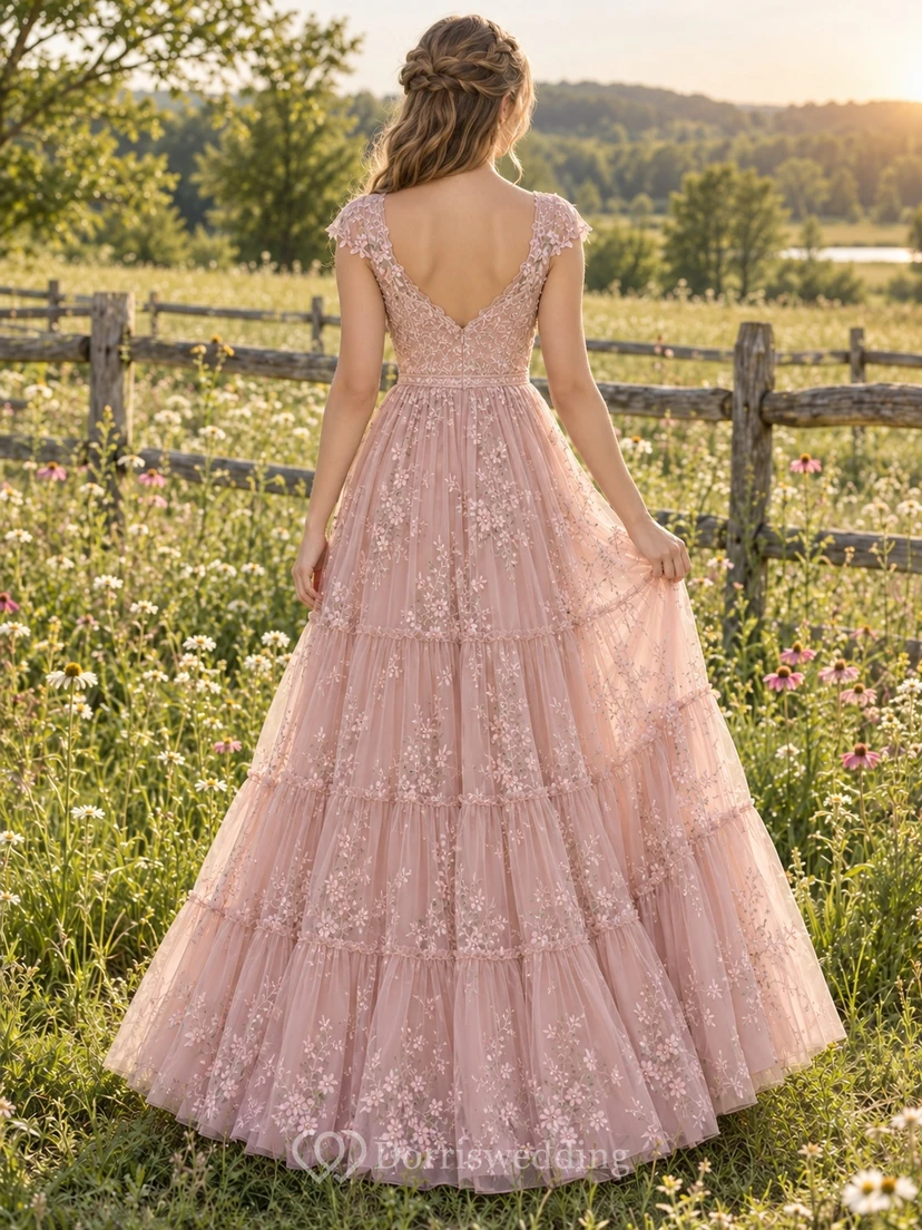 Country Dusty Rose Sweetheart Cap Sleeve Lace Tiered Sweet Sixteen Gown view 2
