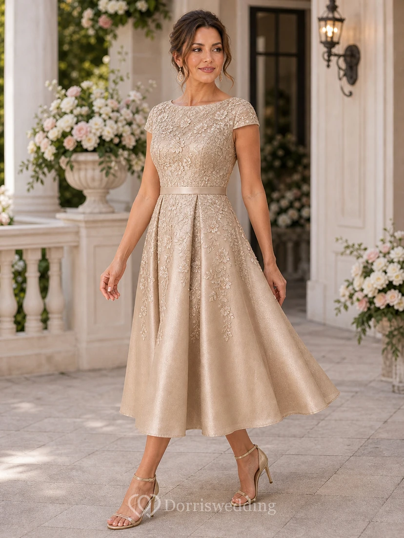 Champagne Lace Cap Sleeve Tea-Length Formal Dress view 4