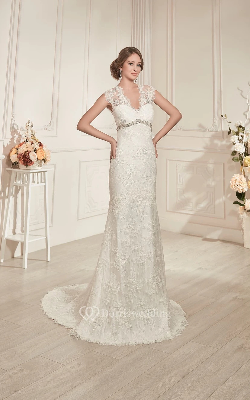 Sheath Maxi V-Neck Cap-Sleeve Keyhole Lace Dress With Beading