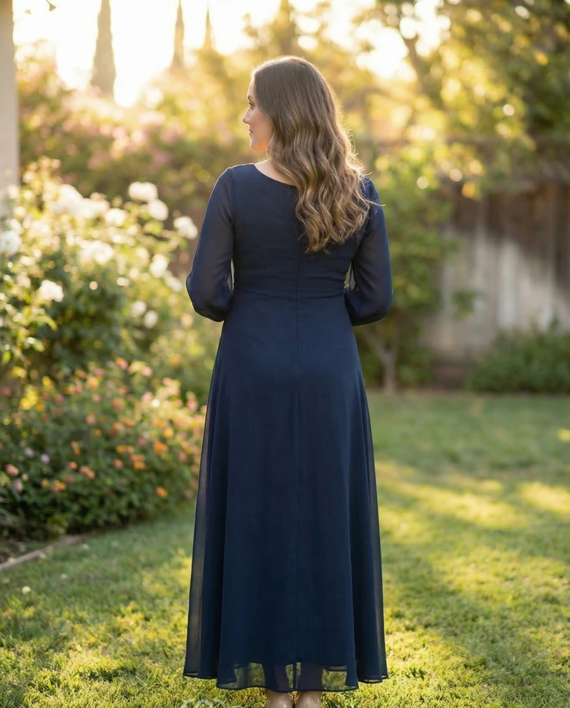 Dark Navy Maternity Formal Dress with Scoop Neck, Long Chiffon Sleeves & Flowing A-Line Skirt view 2