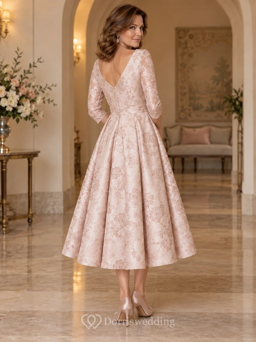 Elegantes Kleid für die zweite Hochzeit: Rosafarbenes, florales Jacquard-Kleid mit V-Ausschnitt, Dreiviertelärmeln und A-Linien-Schnitt. view 2