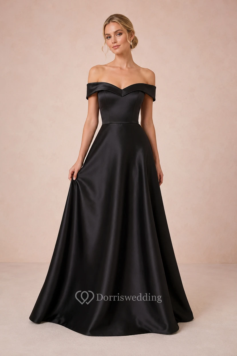 Evening Gown Black Satin A-Line Off Shoulder Short Sleeve Floor Length