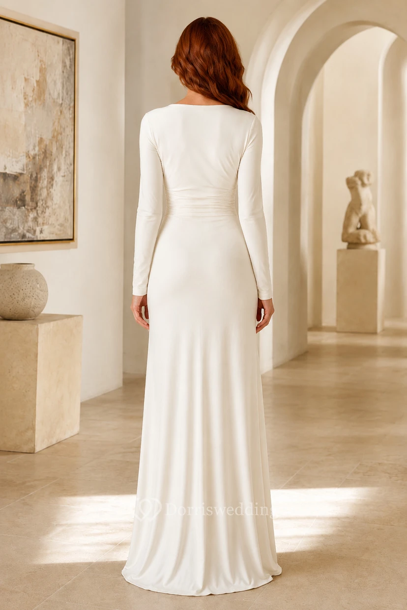 Long Sleeve V-Neck A-Line Wedding Dress with Ruched Waist and Simple Floor Skirt view 2