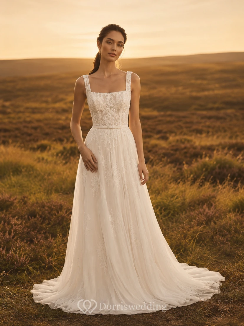 Square neck lace bodice flowing A-line outdoor wedding dress