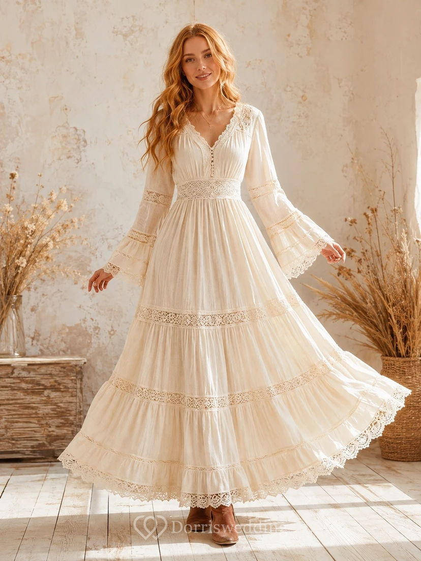 Ivory V-Neck Long-Sleeve Tiered Tulle A-Line Floor-Length Vintage Dress