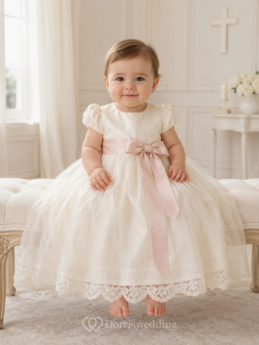 Baby Baptism Christening Ceremony Dress A-Line Knee-Length Jewel Neck Short Sleeve Tulle Lace Ribbon Sash Bow Back Button Back