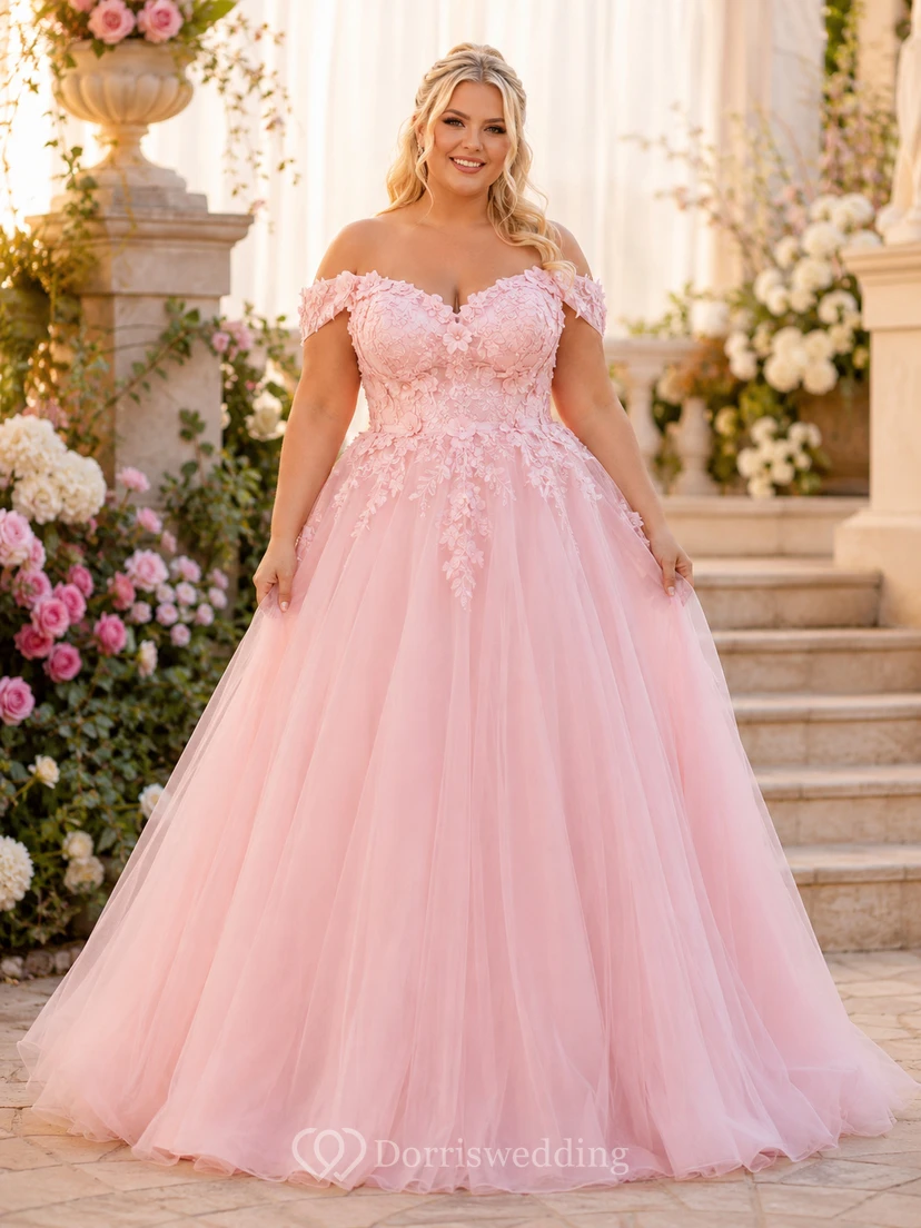 Prinzessinnenkleid in Übergröße, rosafarben, bodenlang, schulterfrei, kurze Ärmel, Tüllspitze, romantisch, luxuriös, für Abschlussball, Quinceañera oder Garten