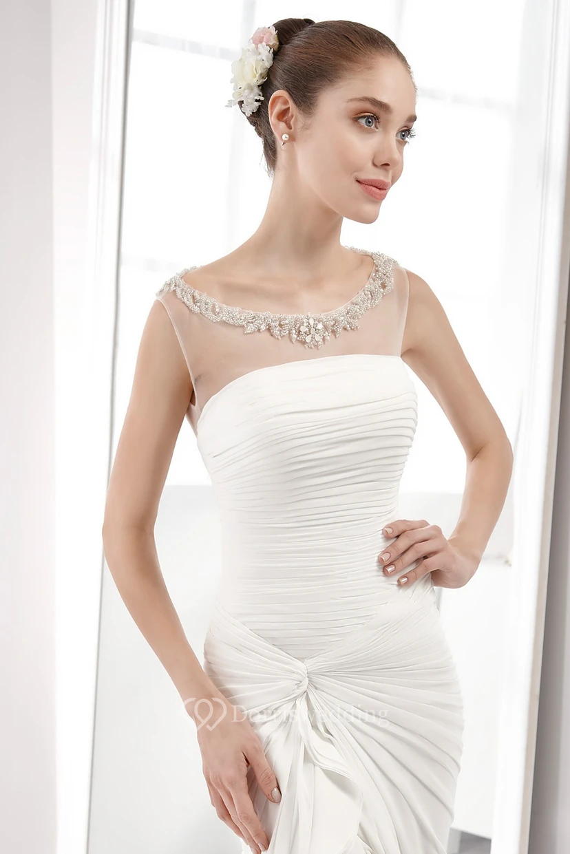 Cap-Sleeve High-Low Pleating Chiffon Wedding Dress With Beaded Neckline And Side Bandage view 2