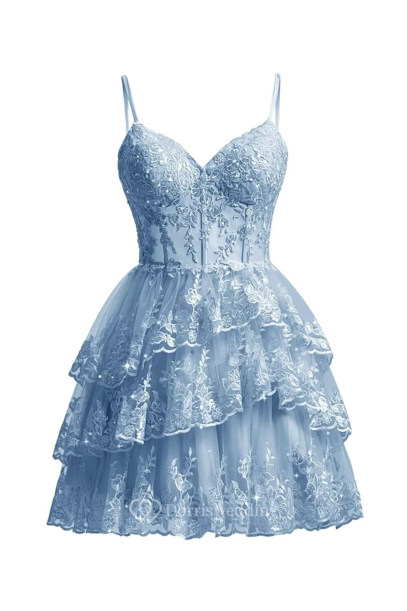 Robe de cocktail en dentelle violette à volants view 6