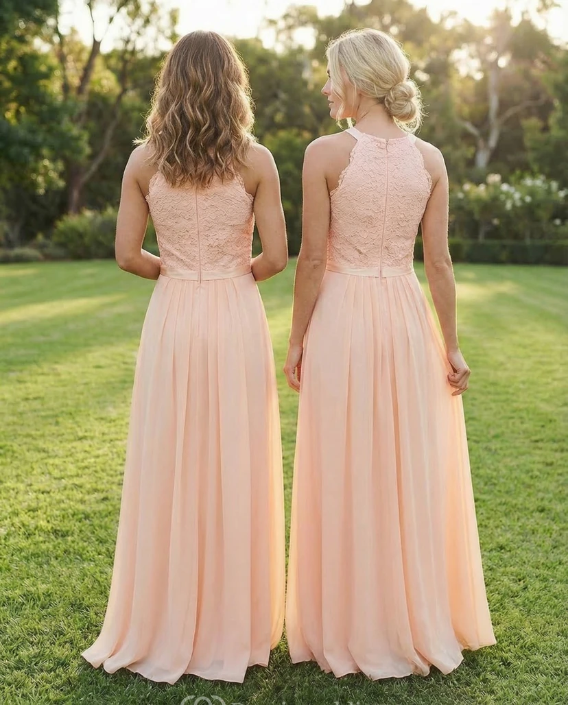 Blush Chiffon Scoop Neck Dress with Ribbon view 2