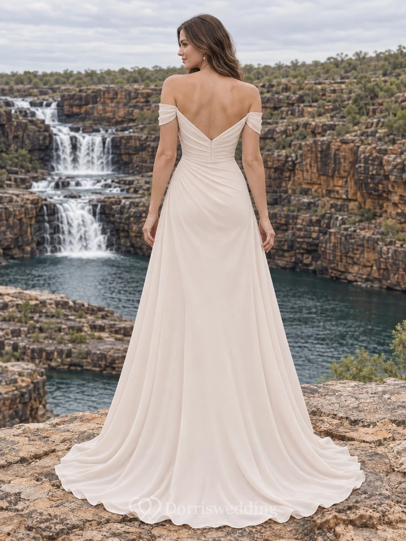 Simple Off Shoulder Side Draped A-Line Sweep Train Bridal Wedding Dress view 2