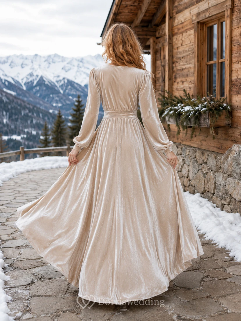 Champagne Velvet Wrap V Neck Winter Cabin Elopement Gown view 2