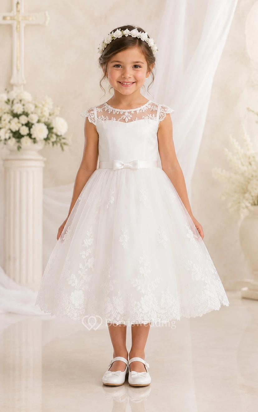 Robe de baptême pour bébé, coupe trapèze, manches courtes, tulle et dentelle, longueur thé, avec ceinture à nœud, blanche