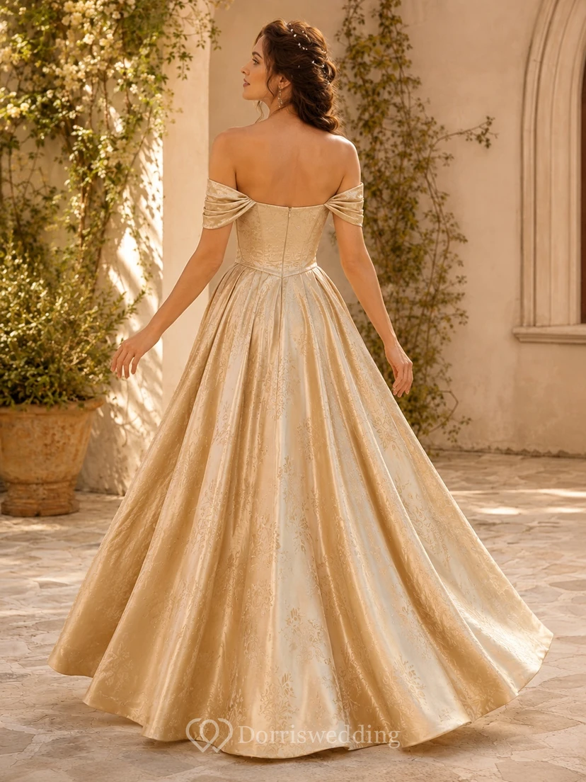Vintage Champagne Off-Shoulder Brocade Ball Gown Floor-Length Formal Evening Dress view 2