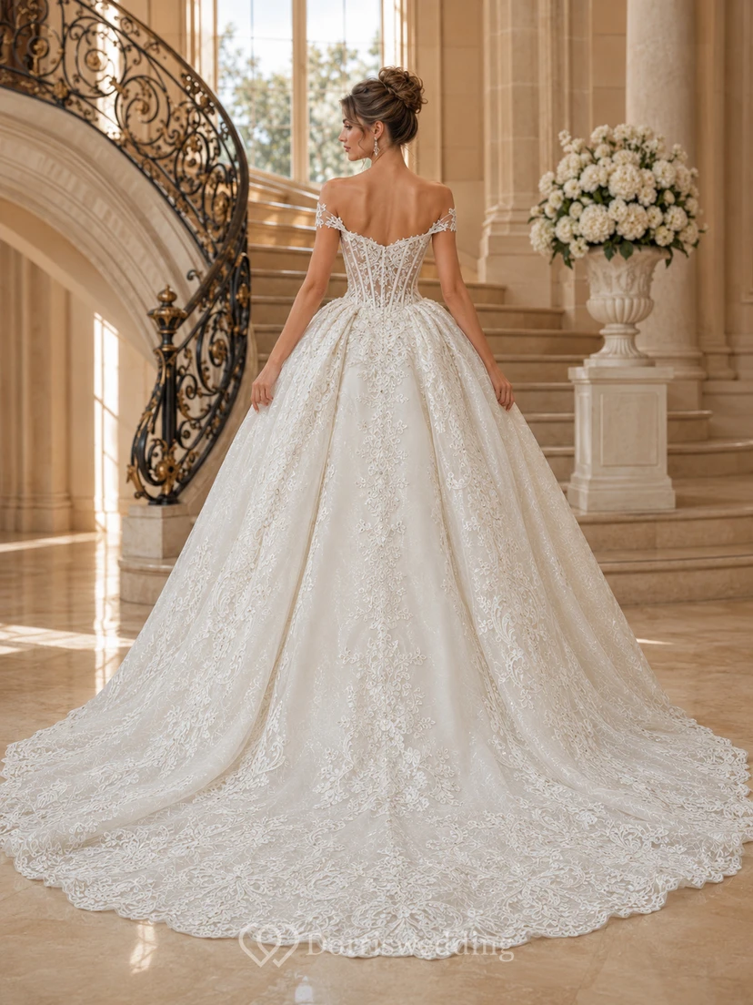 Robe de mariée de bal en dentelle à épaules dénudées et décolleté cœur, avec surjupe amovible et traîne chapelle view 2