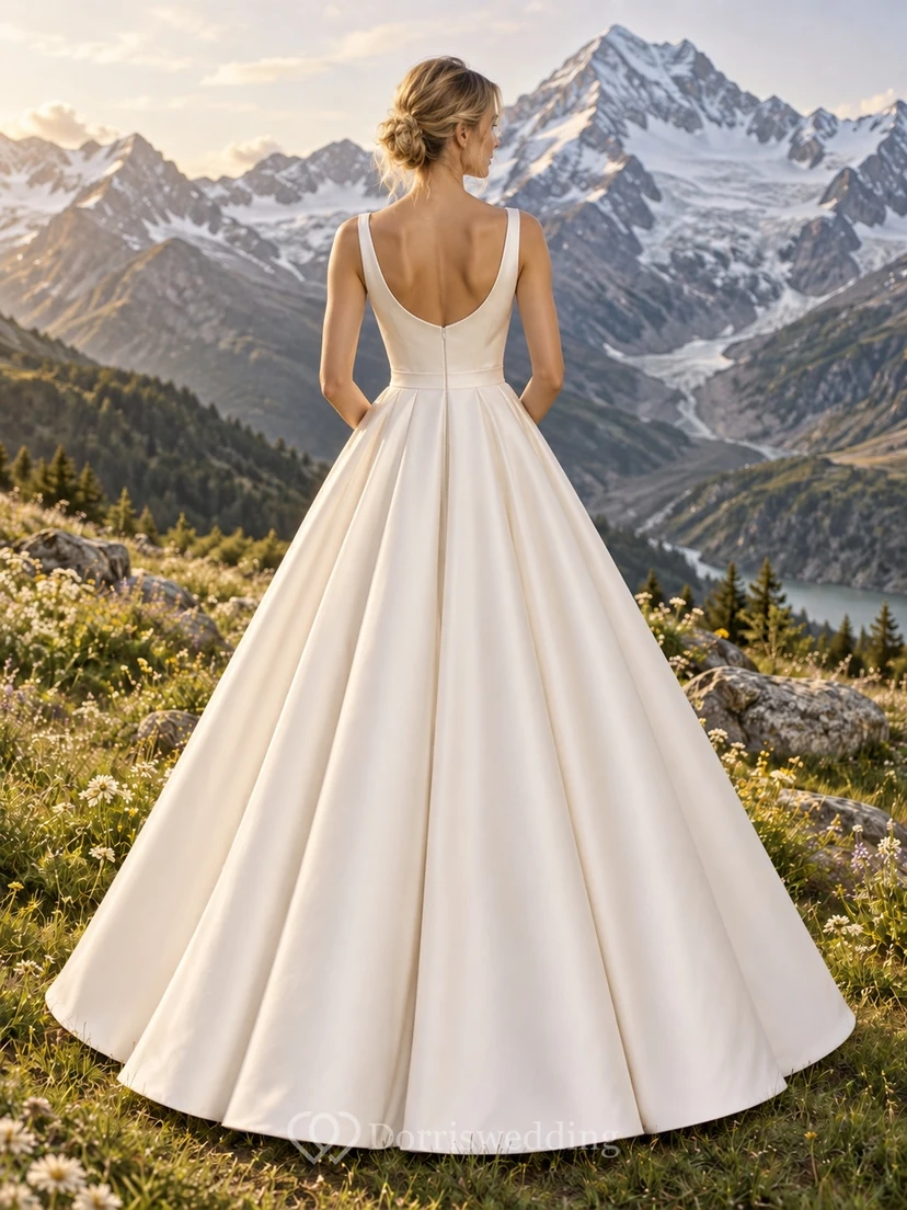 Vestido de novia sencillo de satén con escote drapeado, corte en A, sin mangas y cola. view 2