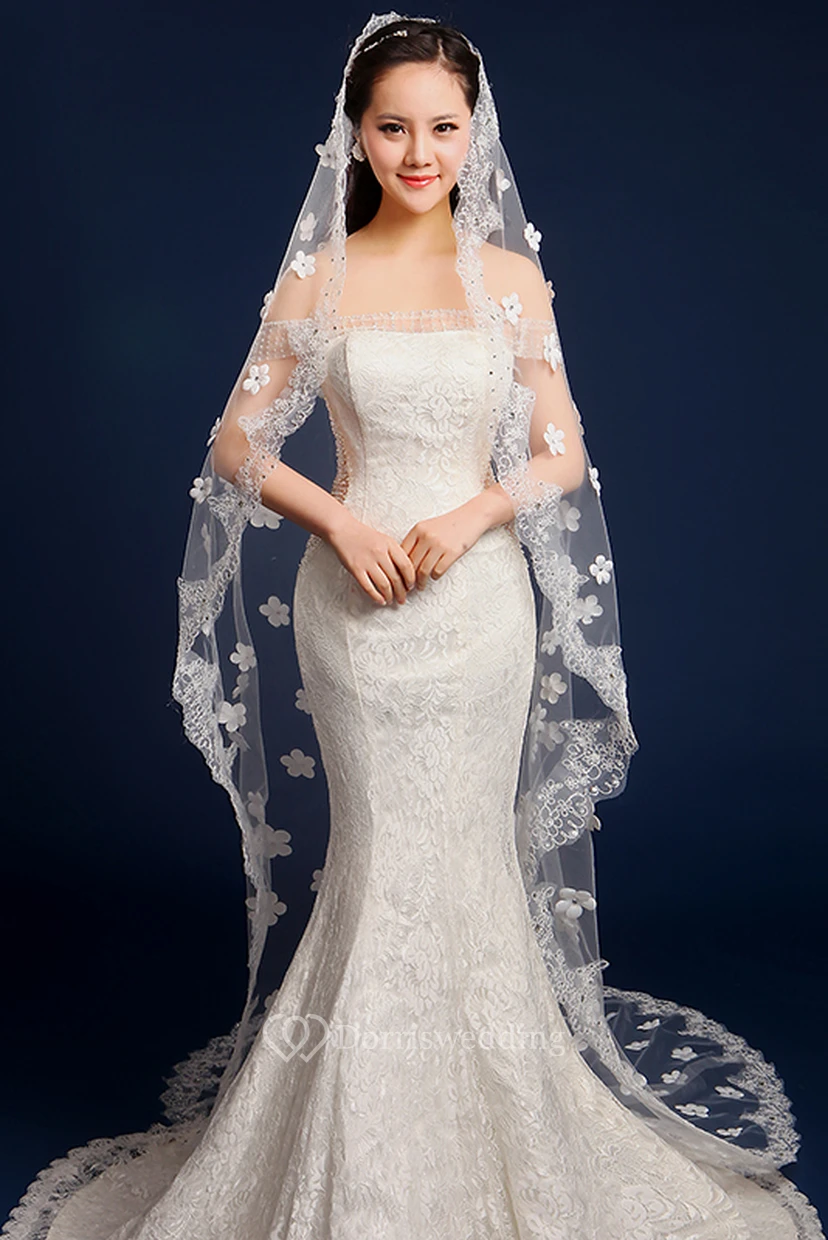 Cathedral Wedding Veil with Flowers and Lace Edge