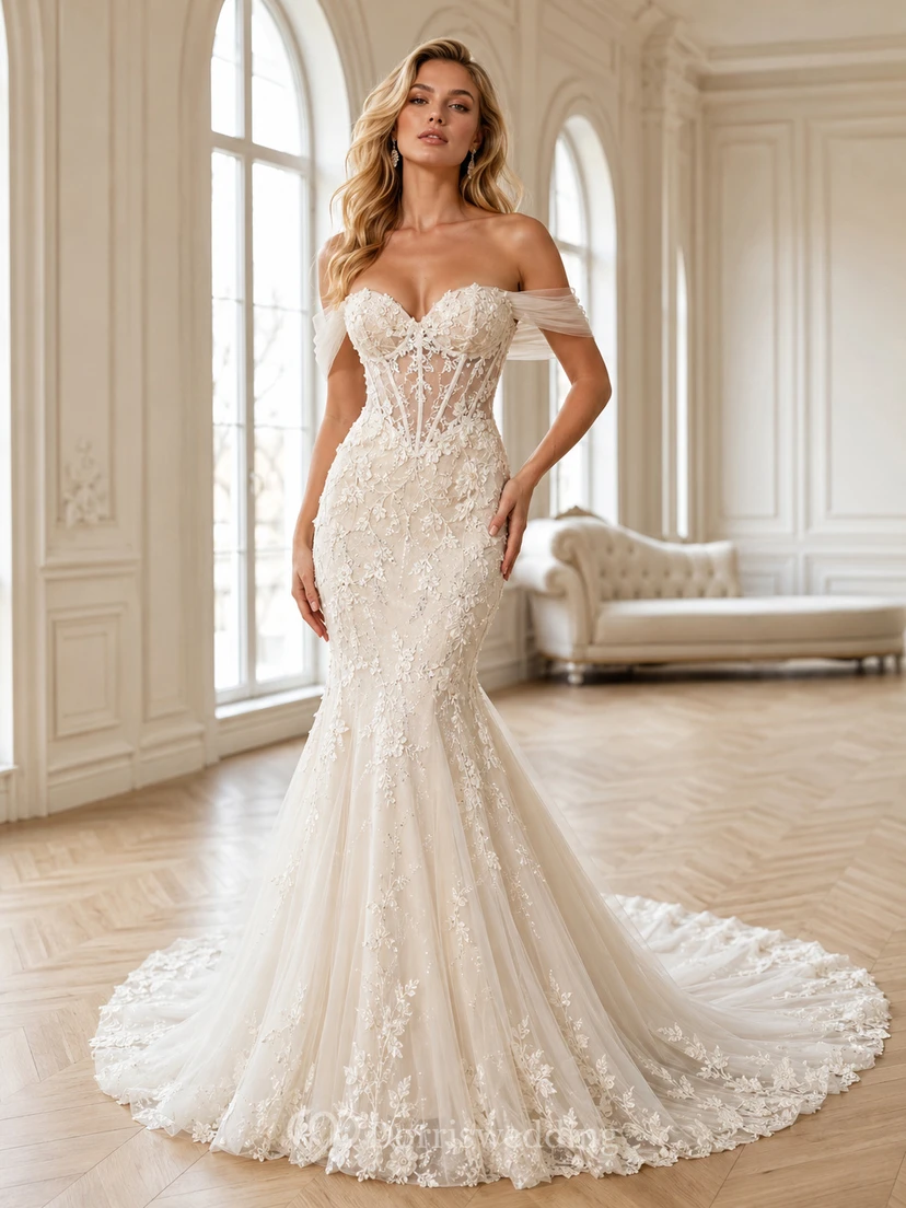 Robe de mariée sirène en dentelle botanique à épaules dénudées et décolleté cœur, effet sirène, traîne chapelle